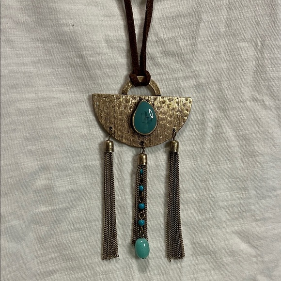Bohemian Brass and Turquoise Pendant Necklace - Picture 2 of 3